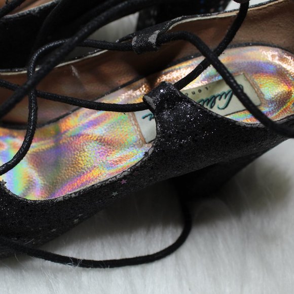 Lulu Hun Black Lace Up Sparkle Iridescent Star Block Heel Size 5 - Picture 9 of 15